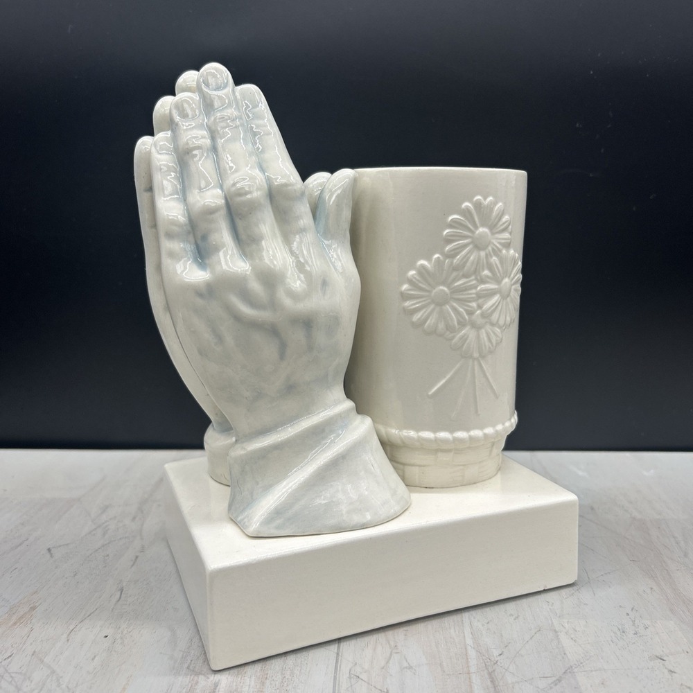 Vintage Praying Hands Ceramic/Plaster Planter White And Blue Glaze
